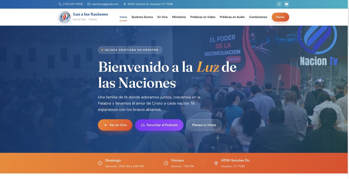 Sitio web de Luz a las Naciones, Iglesia y podcast, disenado por Medios Corporativos